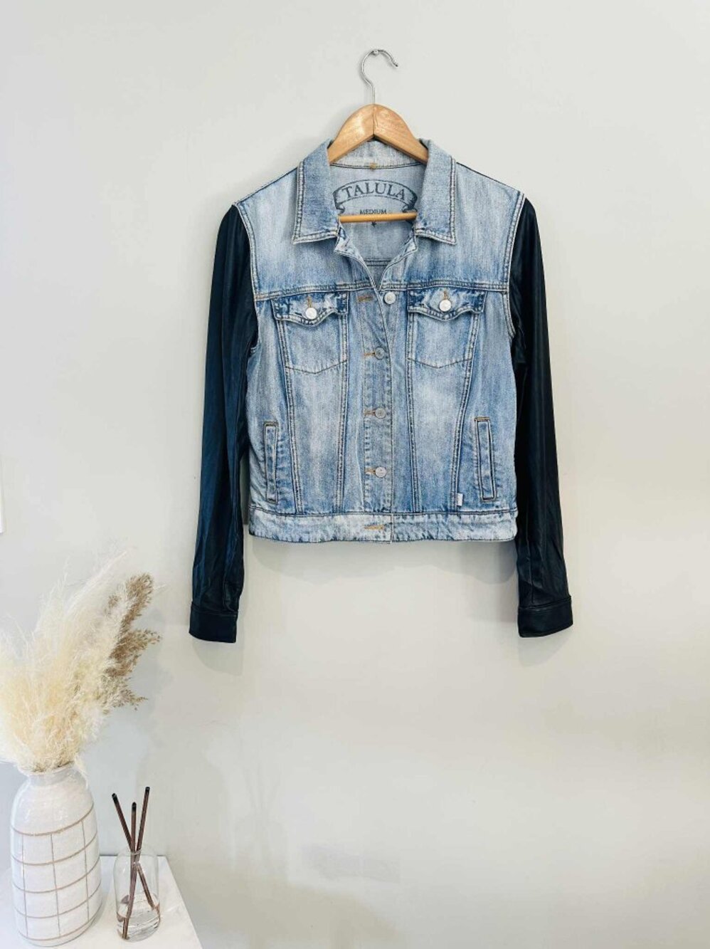 Talula Denim Jacket with Faux Leather Sleeves, Size Medium